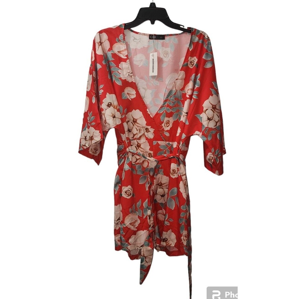 CBR Floral Print Romper V-Neck Kimono‎ Sleeve Red White Size L